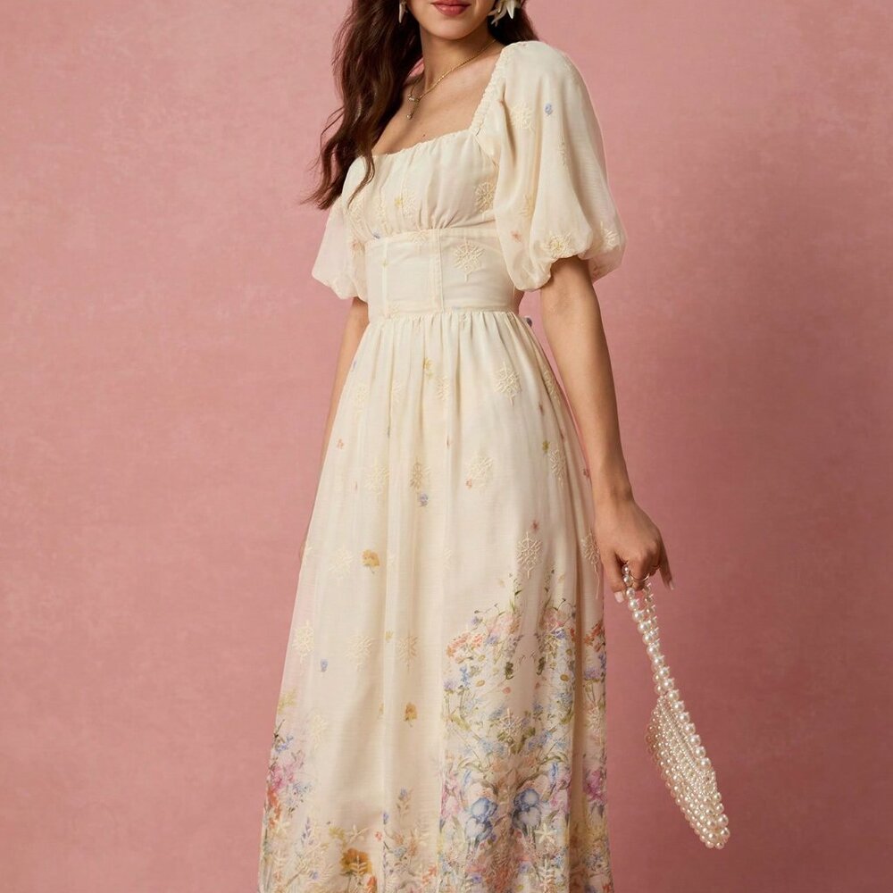 Multicolor Apricot Elegant Romantic Floral Women's Maxi Dress - Picture 8 of 8